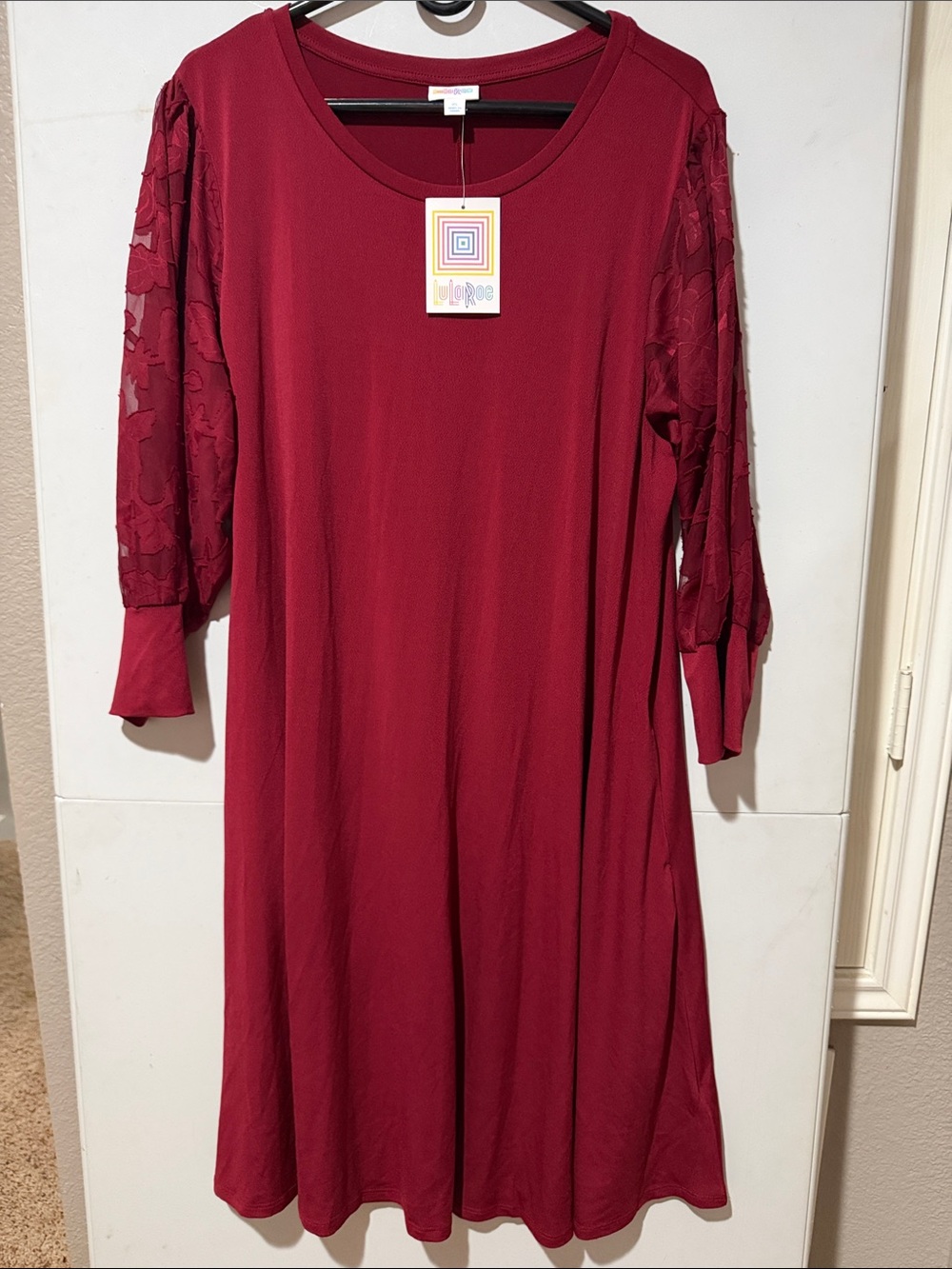 LuLaRoe Angela dress NWT Deep Red Dress with Lace Puff Sleeves